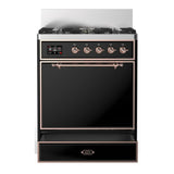 ILVE Majestic III 30-inch Dual Fuel Range with 5 Natural Gas Burner and Solid Door Electric Oven in Glossy Black with Copper Trim (UM30QNR3BKP)