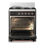 ILVE Majestic III 30-inch Dual Fuel Range with 5 Liquid Propane Burner and Solid Door Electric Oven in Glossy Black with Copper Trim (UM30QNR3BKPLP)