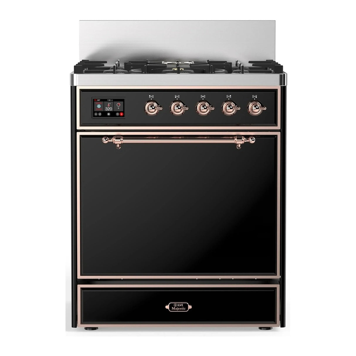 ILVE Majestic III 30-inch Dual Fuel Range with 5 Natural Gas Burner and Solid Door Electric Oven in Glossy Black with Copper Trim (UM30QNR3BKP)