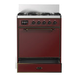 ILVE Majestic III 30-inch Dual Fuel Range with 5 Natural Gas Burner and Solid Door Electric Oven in Burgundy with Burnished Trim (UM30QNR3BUB)