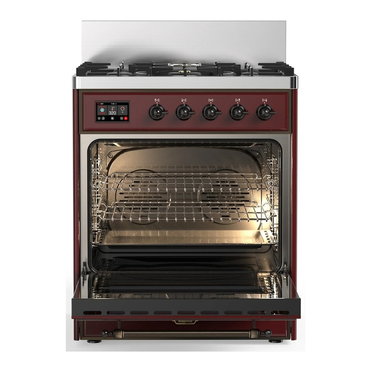 ILVE Majestic III 30-inch Dual Fuel Range with 5 Natural Gas Burner and Solid Door Electric Oven in Burgundy with Burnished Trim (UM30QNR3BUB)