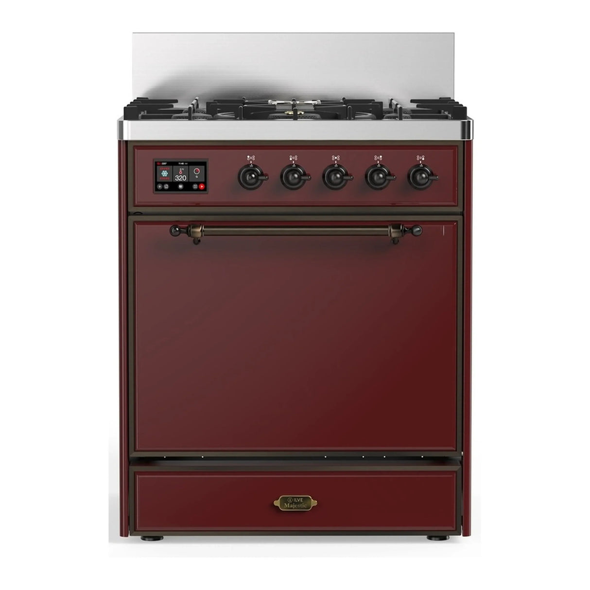 ILVE Majestic III 30-inch Dual Fuel Range with 5 Natural Gas Burner and Solid Door Electric Oven in Burgundy with Burnished Trim (UM30QNR3BUB)