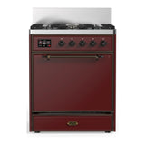ILVE Majestic III 30-inch Dual Fuel Range with 5 Natural Gas Burner and Solid Door Electric Oven in Burgundy with Burnished Trim (UM30QNR3BUB)