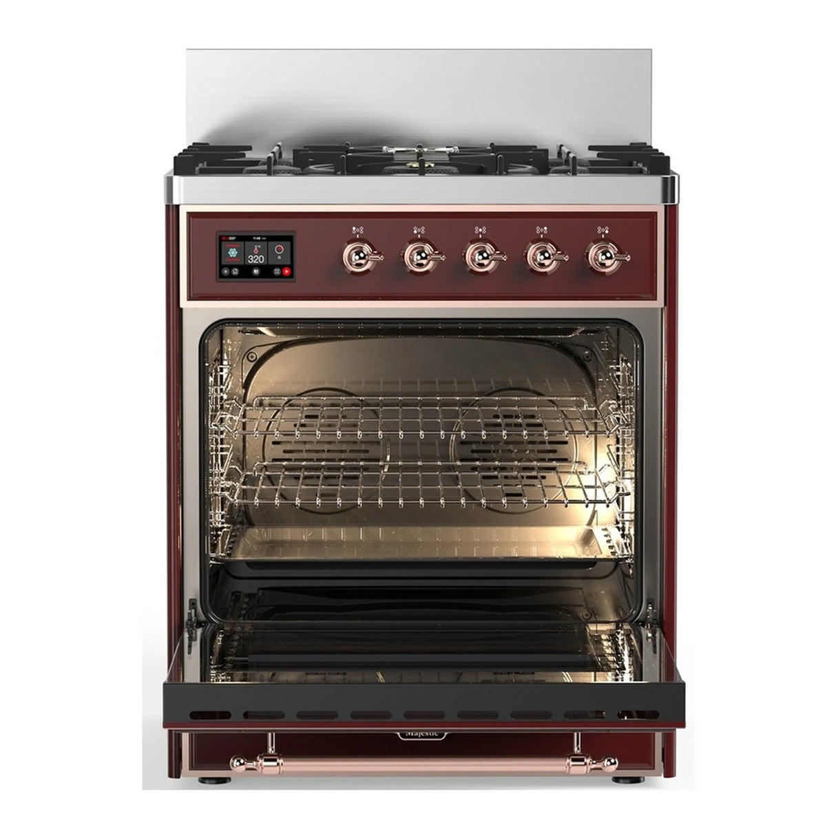 ILVE Majestic III 30-inch Dual Fuel Range with 5 Liquid Propane Burner and Solid Door Electric Oven in Burgundy with Copper Trim (UM30QNR3BUPLP)