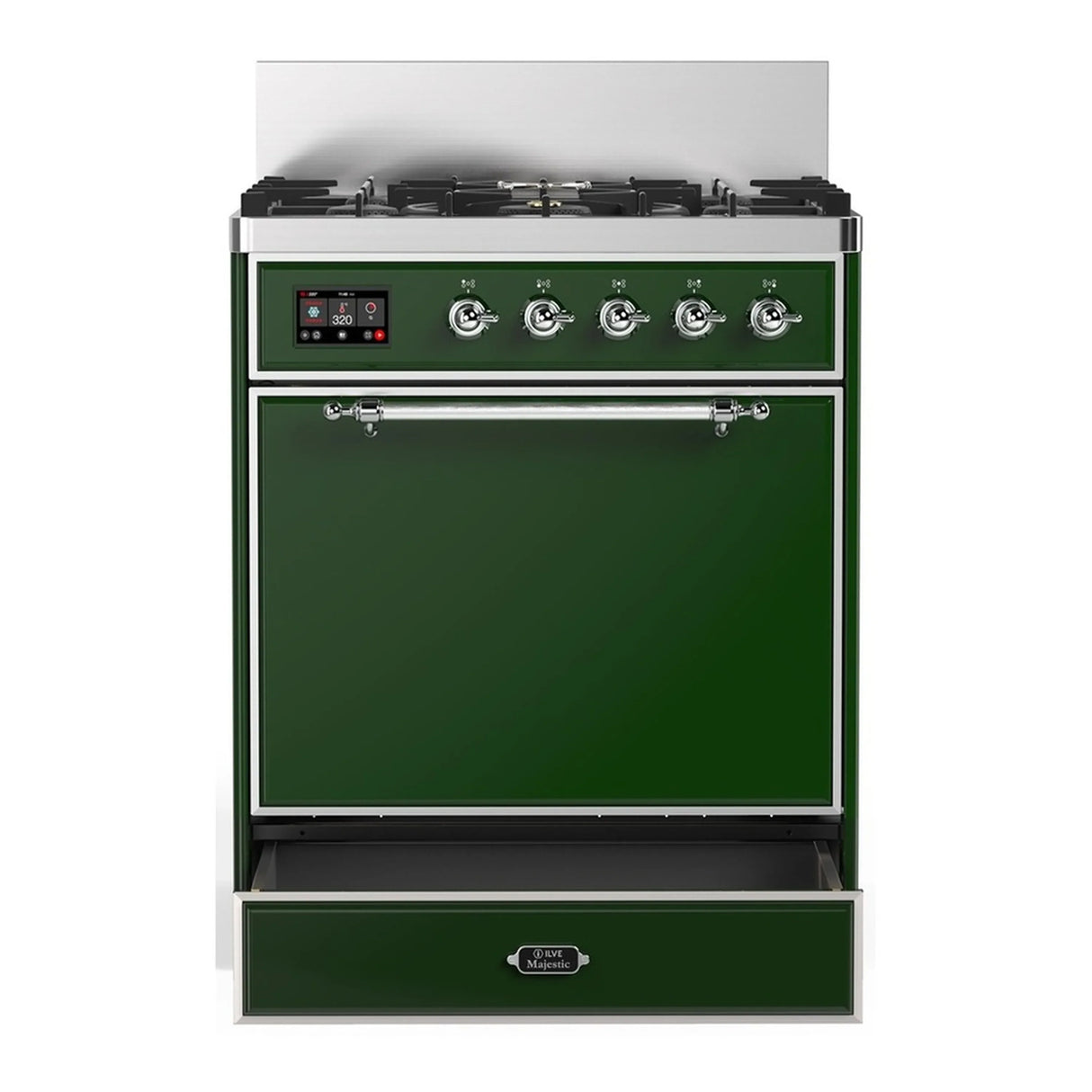 ILVE Majestic III 30-inch Dual Fuel Range with 5 Natural Gas Burner and Solid Door Electric Oven in Emerald Green with Chrome Trim (UM30QNR3EGC)