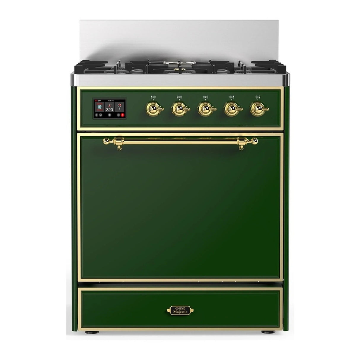 ILVE Majestic III 30-inch Dual Fuel Range with 5 Natural Gas Burner and Solid Door Electric Oven in Emerald Green with Brass Trim (UM30QNR3EGG)