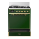 ILVE Majestic III 30-inch Dual Fuel Range with 5 Natural Gas Burner and Solid Door Electric Oven in Emerald Green with Brass Trim (UM30QNR3EGG)