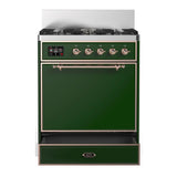 ILVE Majestic III 30-inch Dual Fuel Range with 5 Natural Gas Burner and Solid Door Electric Oven in Emerald Green with Copper Trim (UM30QNR3EGP)