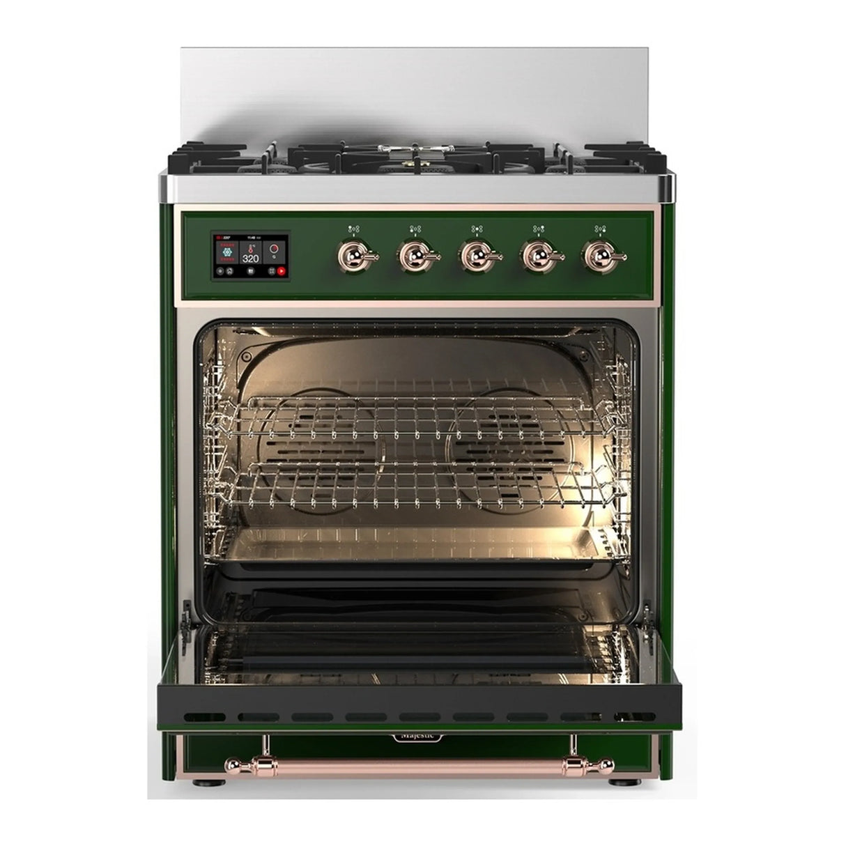 ILVE Majestic III 30-inch Dual Fuel Range with 5 Natural Gas Burner and Solid Door Electric Oven in Emerald Green with Copper Trim (UM30QNR3EGP)