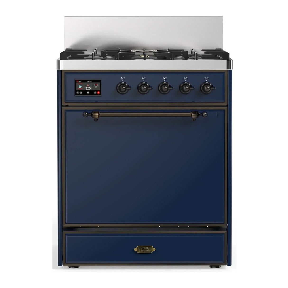 ILVE Majestic III 30-inch Dual Fuel Range with 5 Liquid Propane Burner and Solid Door Electric Oven in Midnight Blue with Burnished Trim (UM30QNR3MBBLP)