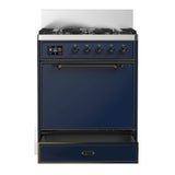 ILVE Majestic III 30-inch Dual Fuel Range with 5 Liquid Propane Burner and Solid Door Electric Oven in Midnight Blue with Burnished Trim (UM30QNR3MBBLP)
