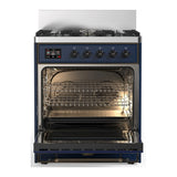 ILVE Majestic III 30-inch Dual Fuel Range with 5 Liquid Propane Burner and Solid Door Electric Oven in Midnight Blue with Burnished Trim (UM30QNR3MBBLP)
