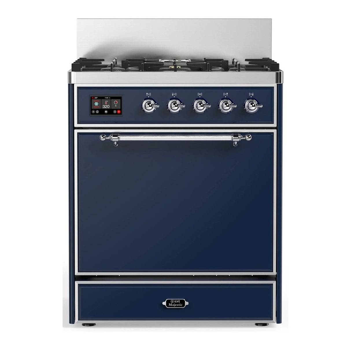 ILVE Majestic III 30-inch Dual Fuel Range with 5 Natural Gas Burner and Solid Door Electric Oven in Midnight Blue with Chrome Trim (UM30QNR3MBC)