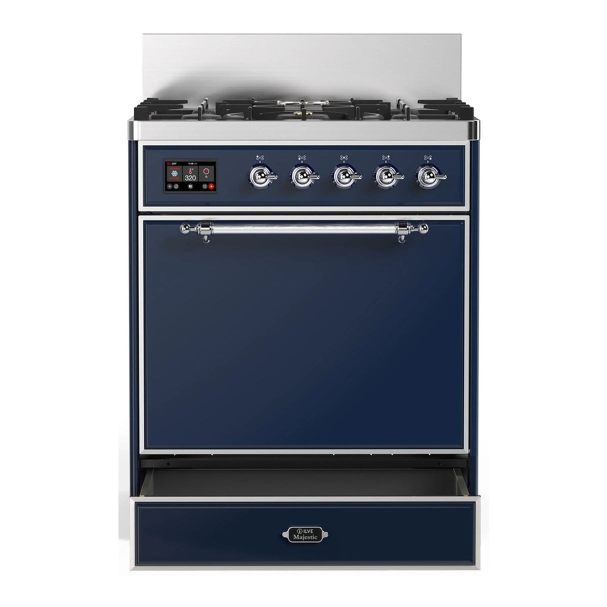 ILVE Majestic III 30-inch Dual Fuel Range with 5 Natural Gas Burner and Solid Door Electric Oven in Midnight Blue with Chrome Trim (UM30QNR3MBC)