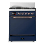 ILVE Majestic III 30-inch Dual Fuel Range with 5 Natural Gas Burner and Solid Door Electric Oven in Midnight Blue with Copper Trim (UM30QNR3MBP)