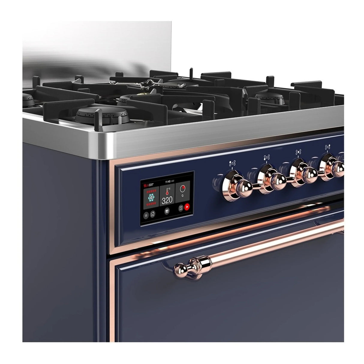ILVE Majestic III 30-inch Dual Fuel Range with 5 Natural Gas Burner and Solid Door Electric Oven in Midnight Blue with Copper Trim (UM30QNR3MBP)