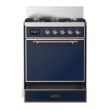 ILVE Majestic III 30-inch Dual Fuel Range with 5 Natural Gas Burner and Solid Door Electric Oven in Midnight Blue with Copper Trim (UM30QNR3MBP)