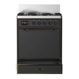 ILVE Majestic III 30-inch Dual Fuel Range with 5 Natural Gas Burner and Solid Door Electric Oven in Graphite Matte with Burnished Trim (UM30QNR3MGB)