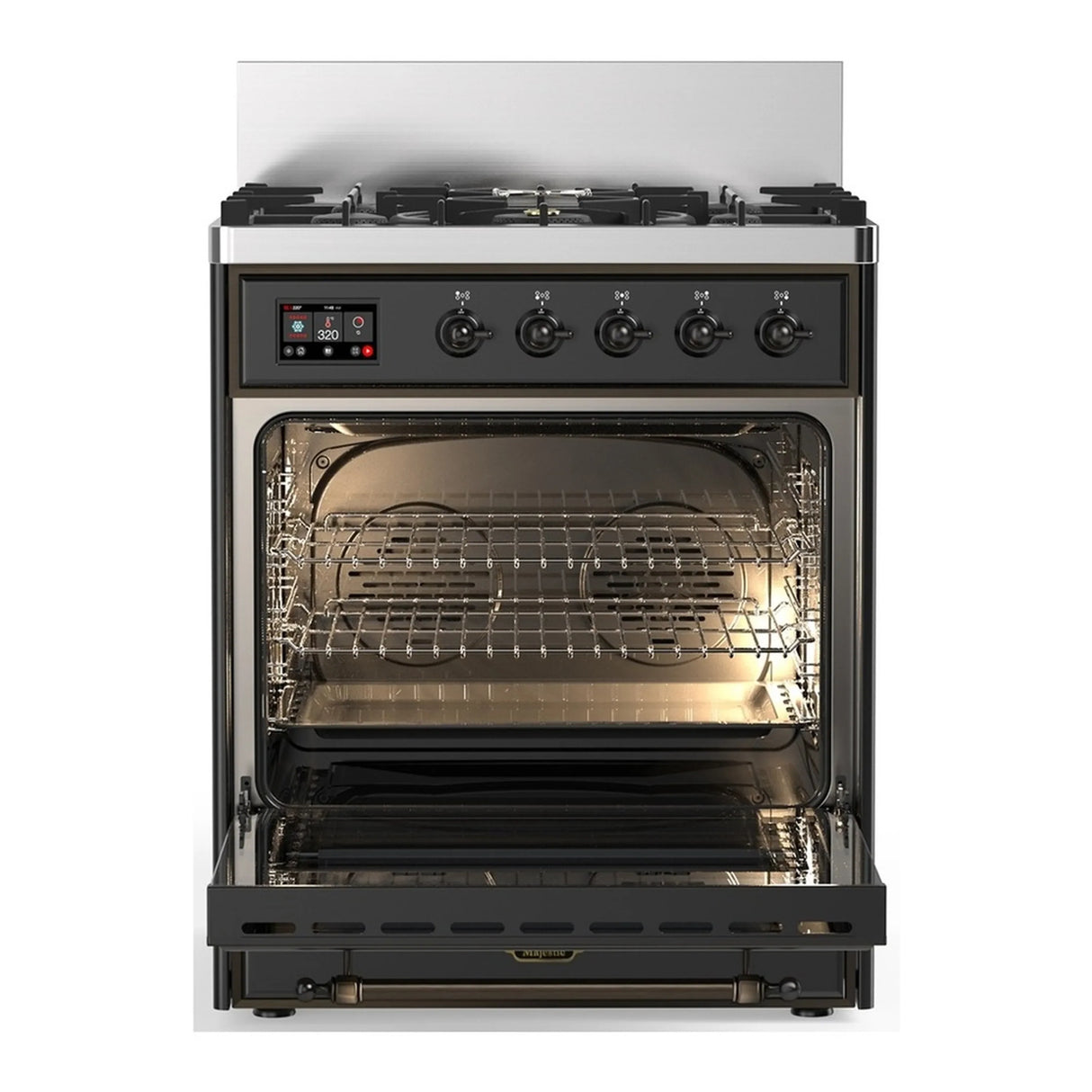 ILVE Majestic III 30-inch Dual Fuel Range with 5 Liquid Propane Burner and Solid Door Electric Oven in Graphite Matte with Burnished Trim (UM30QNR3MGBLP)