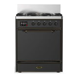 ILVE Majestic III 30-inch Dual Fuel Range with 5 Liquid Propane Burner and Solid Door Electric Oven in Graphite Matte with Burnished Trim (UM30QNR3MGBLP)