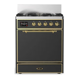 ILVE Majestic III 30-inch Dual Fuel Range with 5 Liquid Propane Burner and Solid Door Electric Oven in Graphite Matte with Brass Trim (UM30QNR3MGGLP)