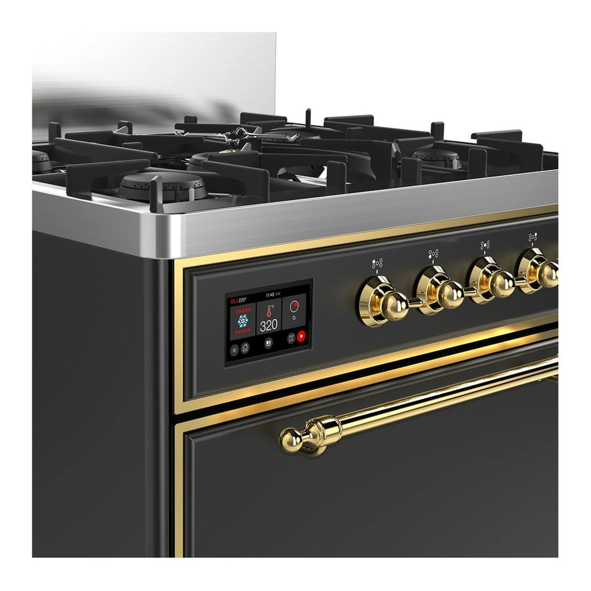 ILVE Majestic III 30-inch Dual Fuel Range with 5 Natural Gas Burner and Solid Door Electric Oven in Graphite Matte with Brass Trim (UM30QNR3MGG)