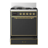 ILVE Majestic III 30-inch Dual Fuel Range with 5 Natural Gas Burner and Solid Door Electric Oven in Graphite Matte with Brass Trim (UM30QNR3MGG)