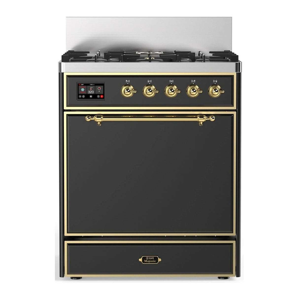 ILVE Majestic III 30-inch Dual Fuel Range with 5 Natural Gas Burner and Solid Door Electric Oven in Graphite Matte with Brass Trim (UM30QNR3MGG)