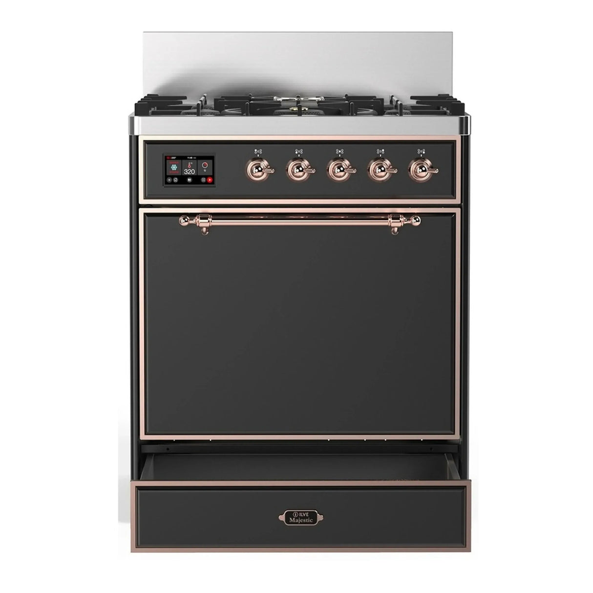 ILVE Majestic III 30-inch Dual Fuel Range with 5 Natural Gas Burner and Solid Door Electric Oven in Graphite Matte with Copper Trim (UM30QNR3MGP)