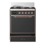 ILVE Majestic III 30-inch Dual Fuel Range with 5 Natural Gas Burner and Solid Door Electric Oven in Graphite Matte with Copper Trim (UM30QNR3MGP)