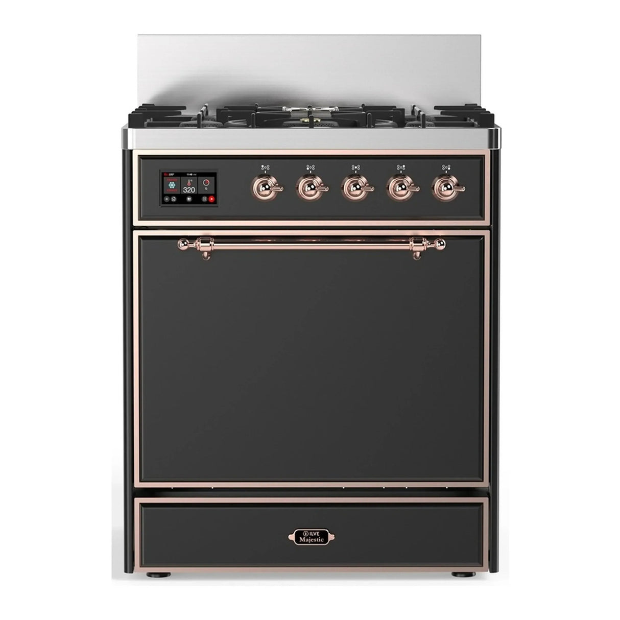 ILVE Majestic III 30-inch Dual Fuel Range with 5 Natural Gas Burner and Solid Door Electric Oven in Graphite Matte with Copper Trim (UM30QNR3MGP)