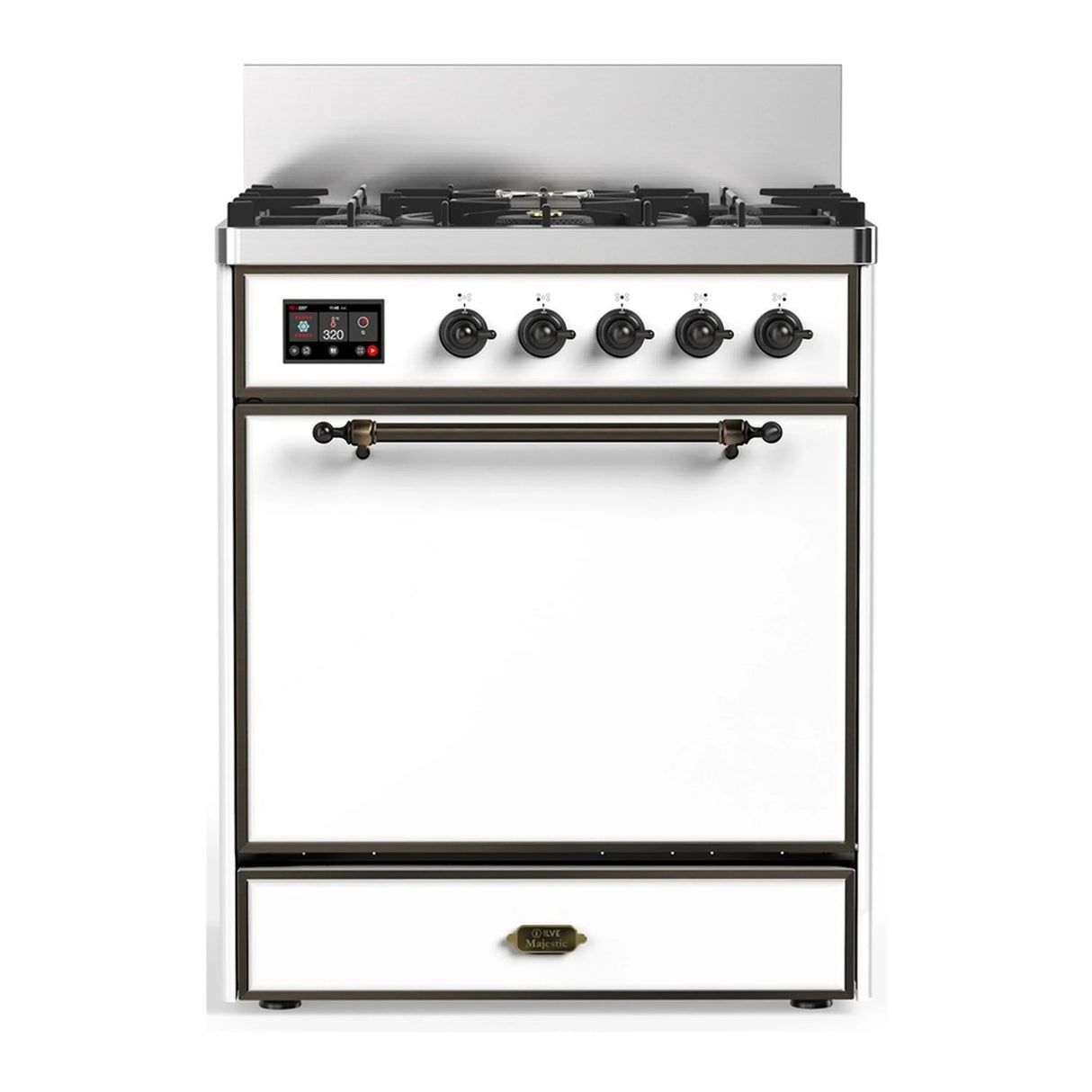 ILVE Majestic III 30-inch Dual Fuel Range with 5 Natural Gas Burner and Solid Door Electric Oven in White with Burnished Trim (UM30QNR3WHB)