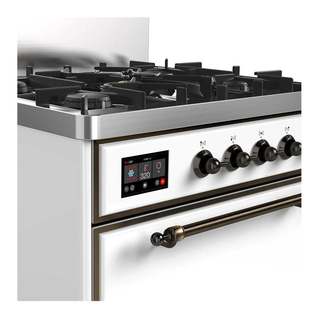 ILVE Majestic III 30-inch Dual Fuel Range with 5 Liquid Propane Burner and Solid Door Electric Oven in White with Burnished Trim (UM30QNR3WHBLP)
