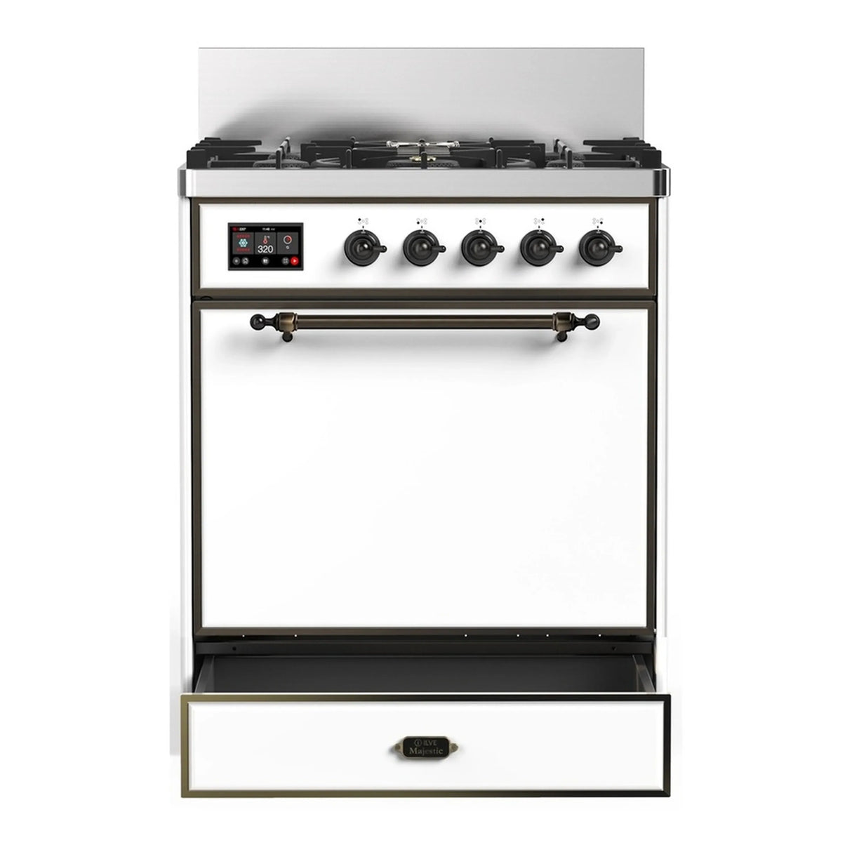 ILVE Majestic III 30-inch Dual Fuel Range with 5 Natural Gas Burner and Solid Door Electric Oven in White with Burnished Trim (UM30QNR3WHB)