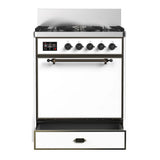 ILVE Majestic III 30-inch Dual Fuel Range with 5 Liquid Propane Burner and Solid Door Electric Oven in White with Burnished Trim (UM30QNR3WHBLP)