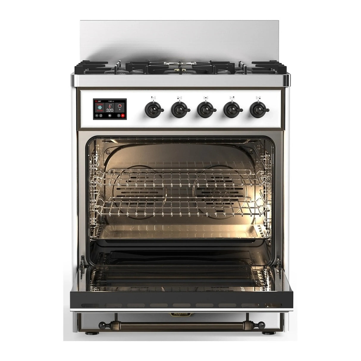 ILVE Majestic III 30-inch Dual Fuel Range with 5 Liquid Propane Burner and Solid Door Electric Oven in White with Burnished Trim (UM30QNR3WHBLP)