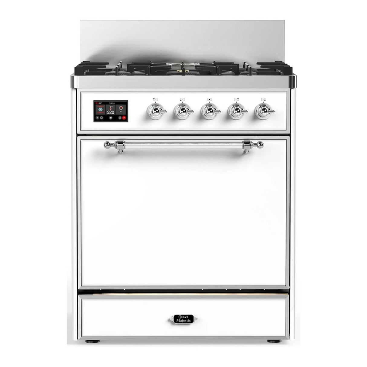 ILVE Majestic III 30-inch Dual Fuel Range with 5 Natural Gas Burner and Solid Door Electric Oven in White with Chrome Trim (UM30QNR3WHC)