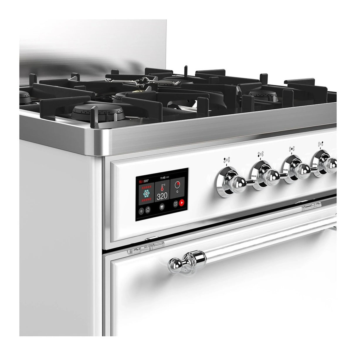 ILVE Majestic III 30-inch Dual Fuel Range with 5 Natural Gas Burner and Solid Door Electric Oven in White with Chrome Trim (UM30QNR3WHC)