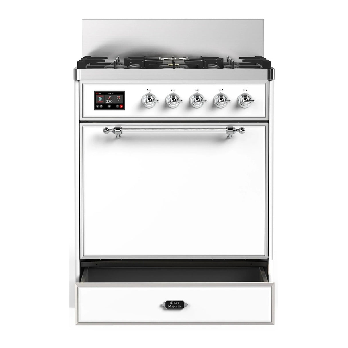 ILVE Majestic III 30-inch Dual Fuel Range with 5 Liquid Propane Burner and Solid Door Electric Oven in White with Chrome Trim (UM30QNR3WHCLP)