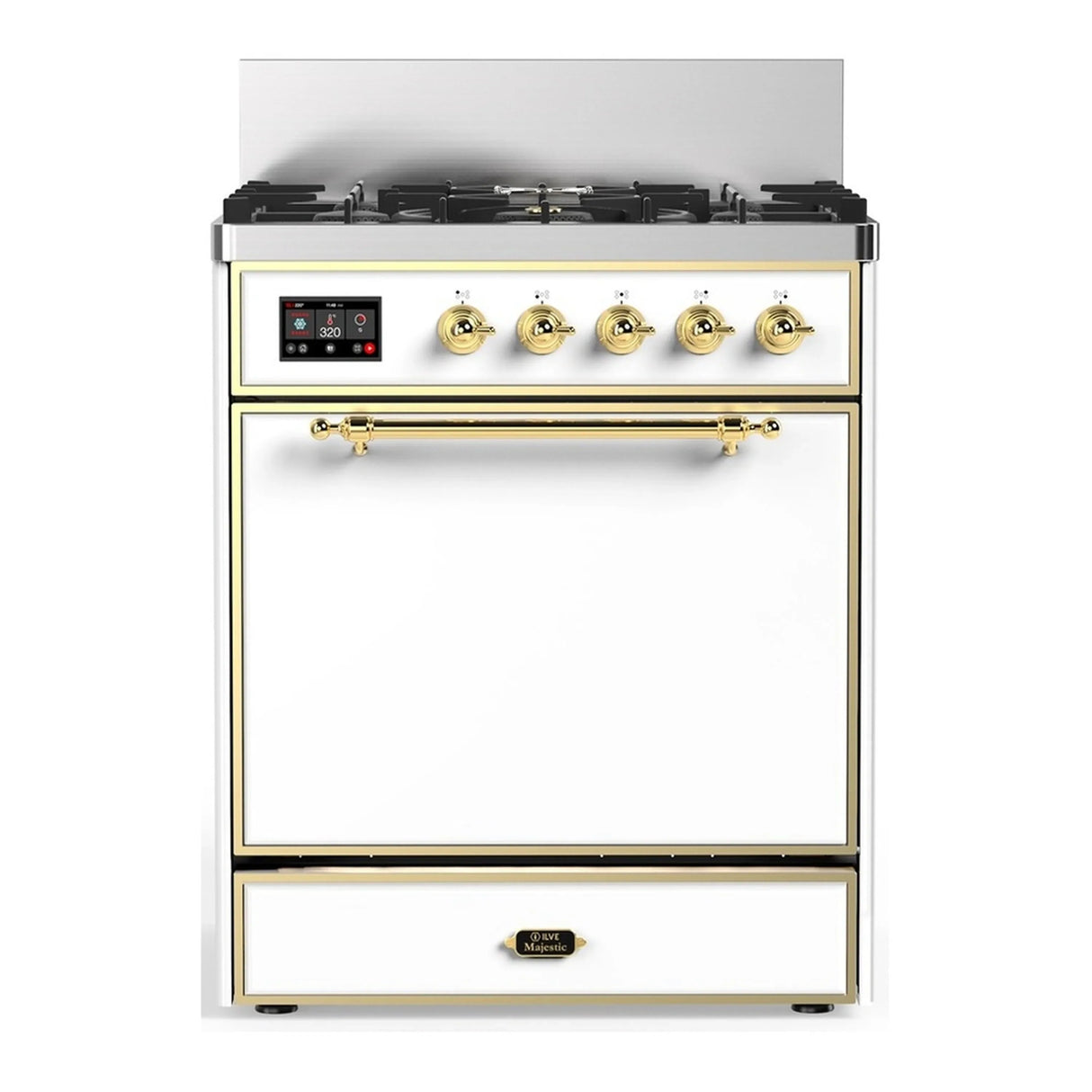 ILVE Majestic III 30-inch Dual Fuel Range with 5 Natural Gas Burner and Solid Door Electric Oven in White with Brass Trim (UM30QNR3WHG)
