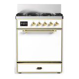 ILVE Majestic III 30-inch Dual Fuel Range with 5 Liquid Propane Burner and Solid Door Electric Oven in White with Brass Trim (UM30QNR3WHGLP)