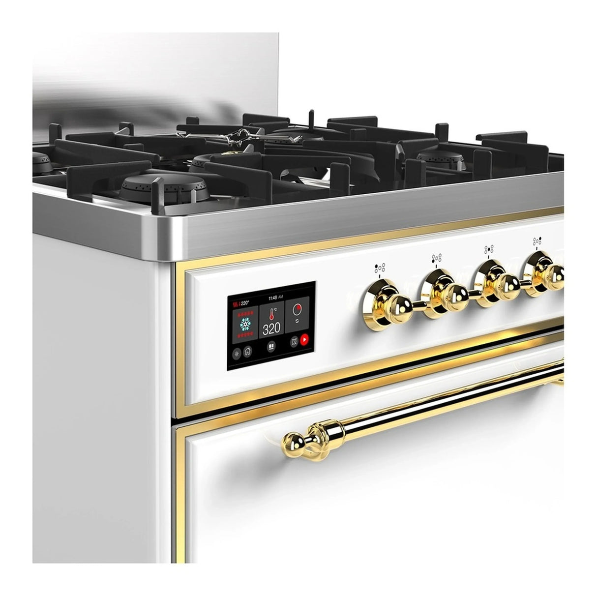 ILVE Majestic III 30-inch Dual Fuel Range with 5 Natural Gas Burner and Solid Door Electric Oven in White with Brass Trim (UM30QNR3WHG)