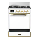 ILVE Majestic III 30-inch Dual Fuel Range with 5 Liquid Propane Burner and Solid Door Electric Oven in White with Brass Trim (UM30QNR3WHGLP)