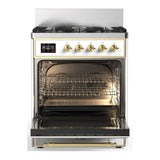 ILVE Majestic III 30-inch Dual Fuel Range with 5 Natural Gas Burner and Solid Door Electric Oven in White with Brass Trim (UM30QNR3WHG)