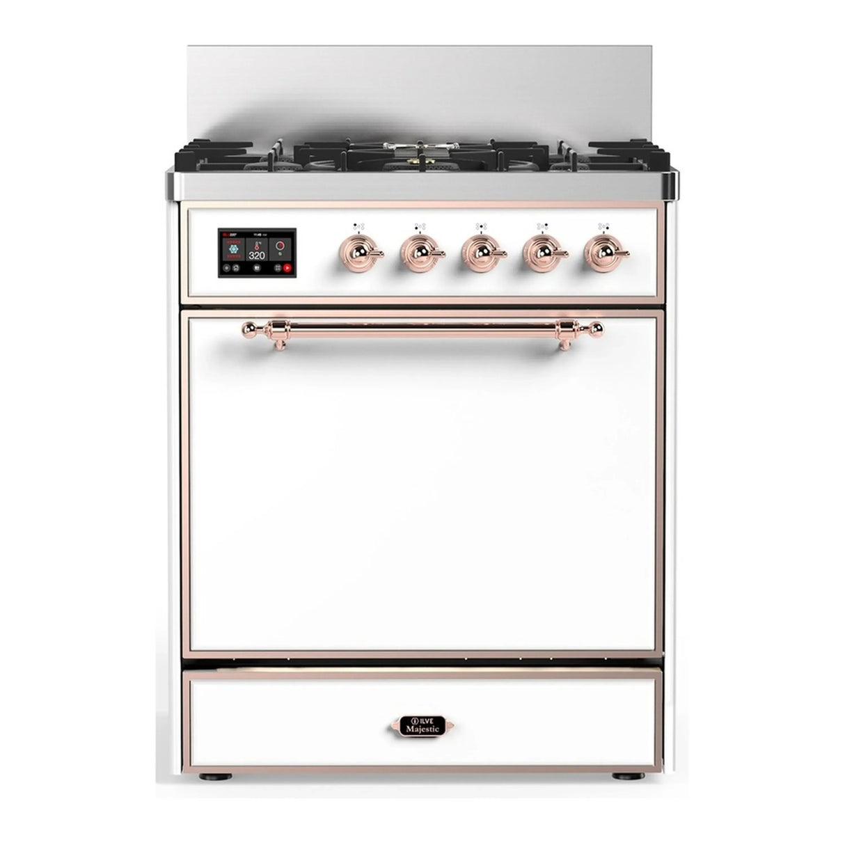 ILVE Majestic III 30-inch Dual Fuel Range with 5 Natural Gas Burner and Solid Door Electric Oven in White with Copper Trim (UM30QNR3WHP)