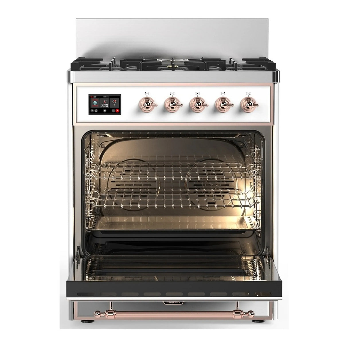 ILVE Majestic III 30-inch Dual Fuel Range with 5 Natural Gas Burner and Solid Door Electric Oven in White with Copper Trim (UM30QNR3WHP)