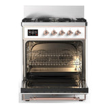 ILVE Majestic III 30-inch Dual Fuel Range with 5 Liquid Propane Burner and Solid Door Electric Oven in White with Copper Trim (UM30QNR3WHPLP)