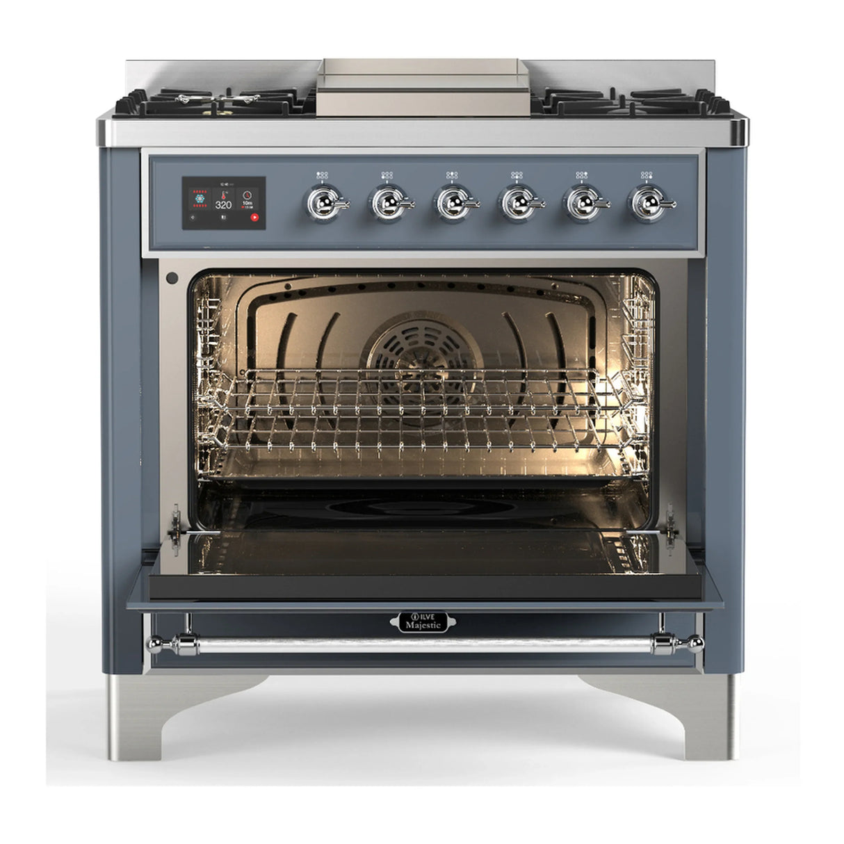 ILVE Majestic III 36-inch Dual Fuel Range with 6 Natural Gas Burner, Griddle and Triple Glass Door Electric Oven in Blue Grey with Chrome Trim (UM36FNR3BGC)