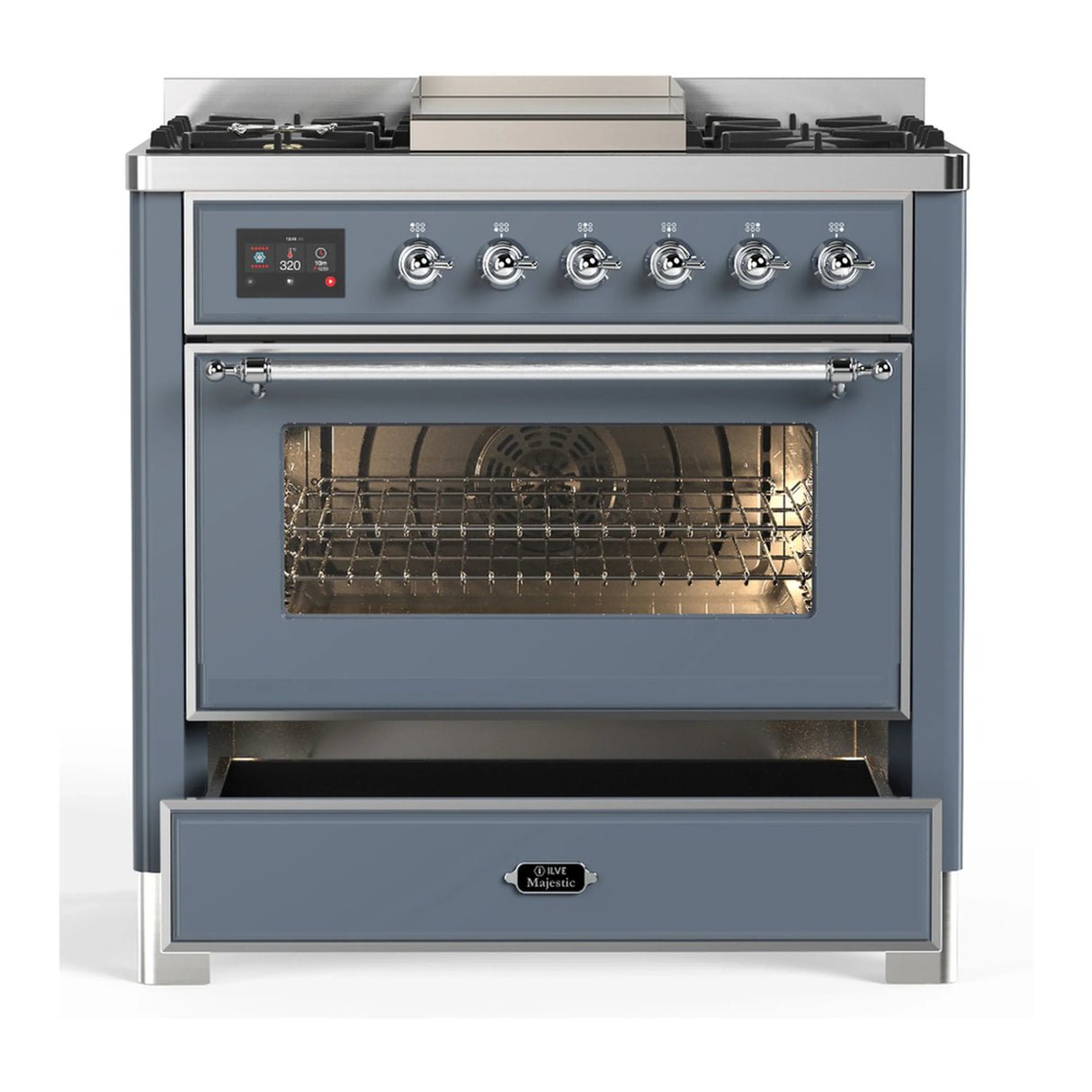 ILVE Majestic III 36-inch Dual Fuel Range with 6 Natural Gas Burner, Griddle and Triple Glass Door Electric Oven in Blue Grey with Chrome Trim (UM36FNR3BGC)