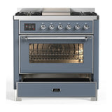 ILVE Majestic III 36-inch Dual Fuel Range with 6 Natural Gas Burner, Griddle and Triple Glass Door Electric Oven in Blue Grey with Chrome Trim (UM36FNR3BGC)